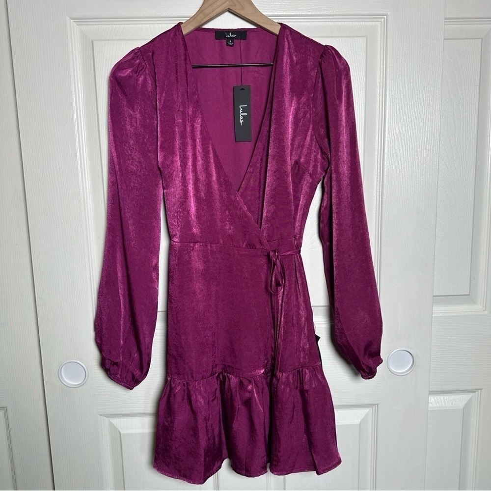Lulus Wrap Dress Women's Small Purple Satin So Splendid Magenta Ruffled Hem New - Picture 2 of 11